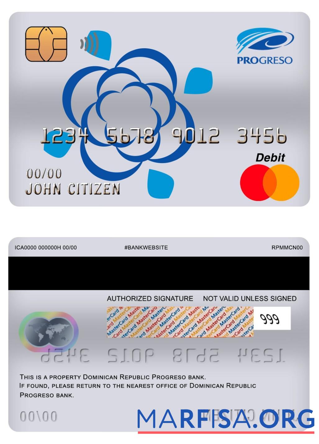 Downloadable Dominican Republic Progreso bank master debit card sample